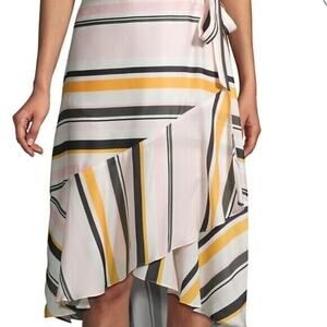 AVA & AIDEN Striped Ruffle Wrap Skirt Sz S White Black Gold Satin Hi-Low Tiered